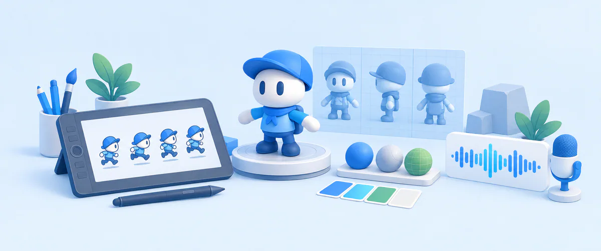 A game asset workbench with 2D animation, a 3D character, materials, and audio