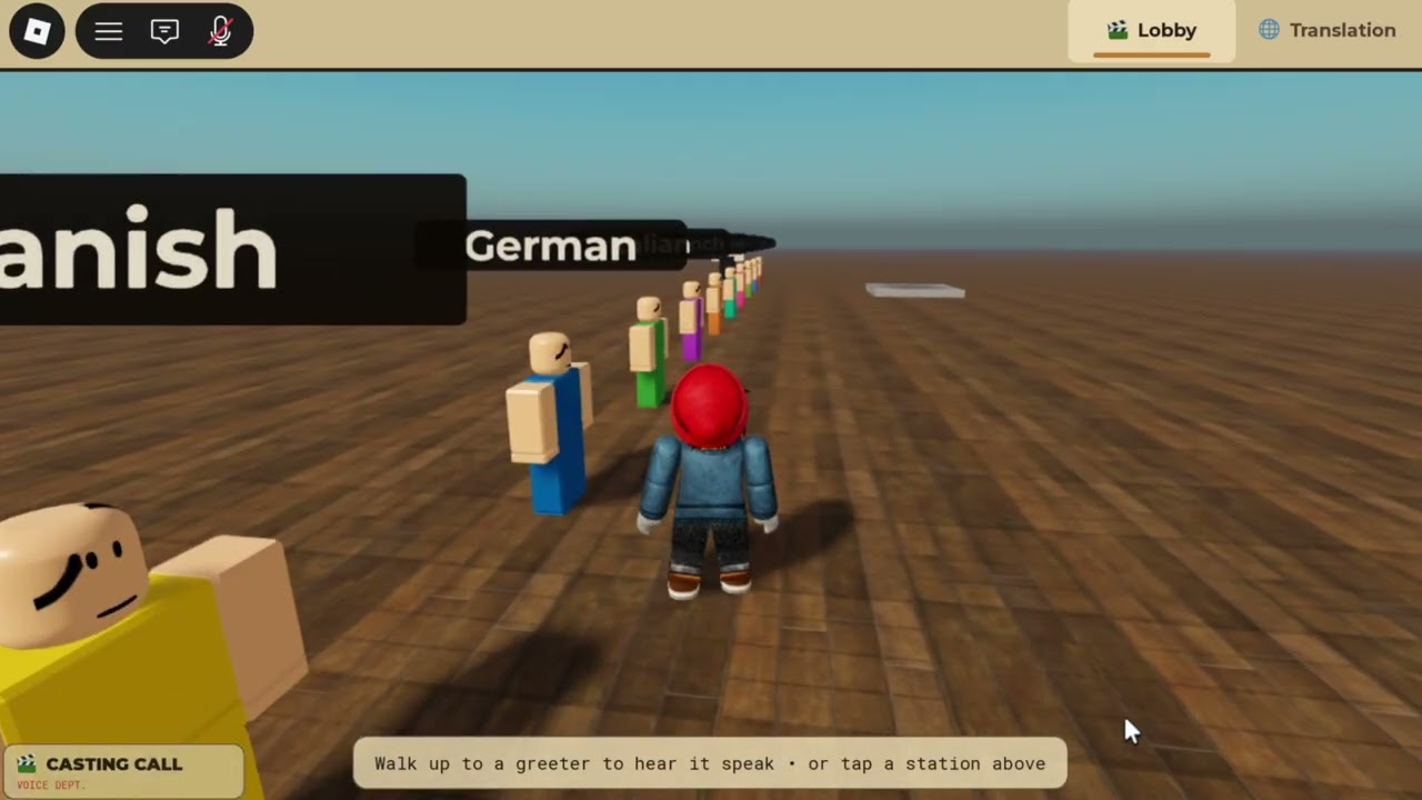 A player stands beside language-labelled characters in Roblox Documentation’s automatic TTS translation demo.
