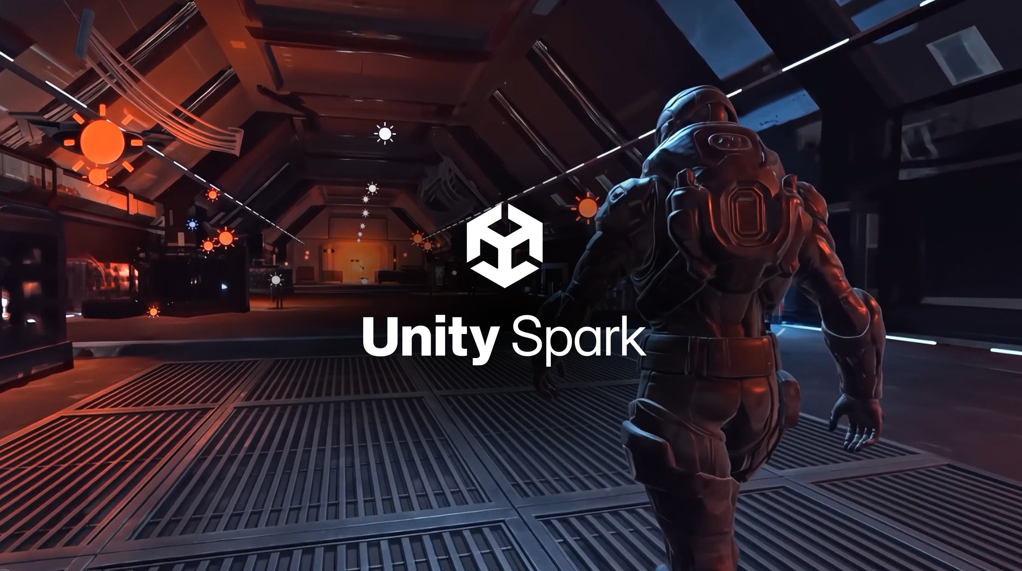 Unity Spark branding over a sci-fi corridor with an armored character and lighting gizmos.